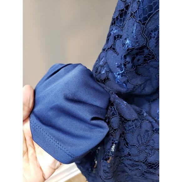 NSR Fit & Flare Dress Women Medium Blue Floral Overlay Lined Fringe Keyhole Back - Picture 9 of 14